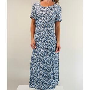 Vintage 1990s Rampage Short Sleeve Maxi Dress Tiebacks Blue Floral Medium JL